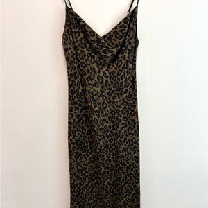 Zara Leopard Cowl Midi Slip Dress in Brown and Black